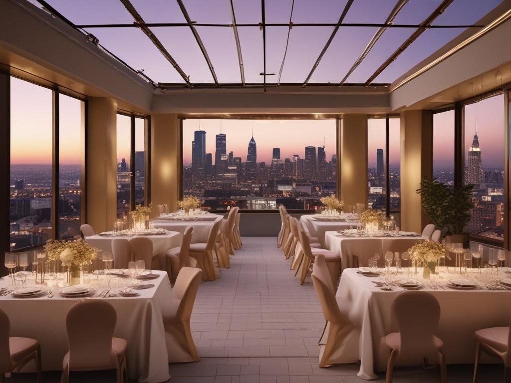 elegant rooftop event, sophisticated gathering, well dressed people, golden lighting,